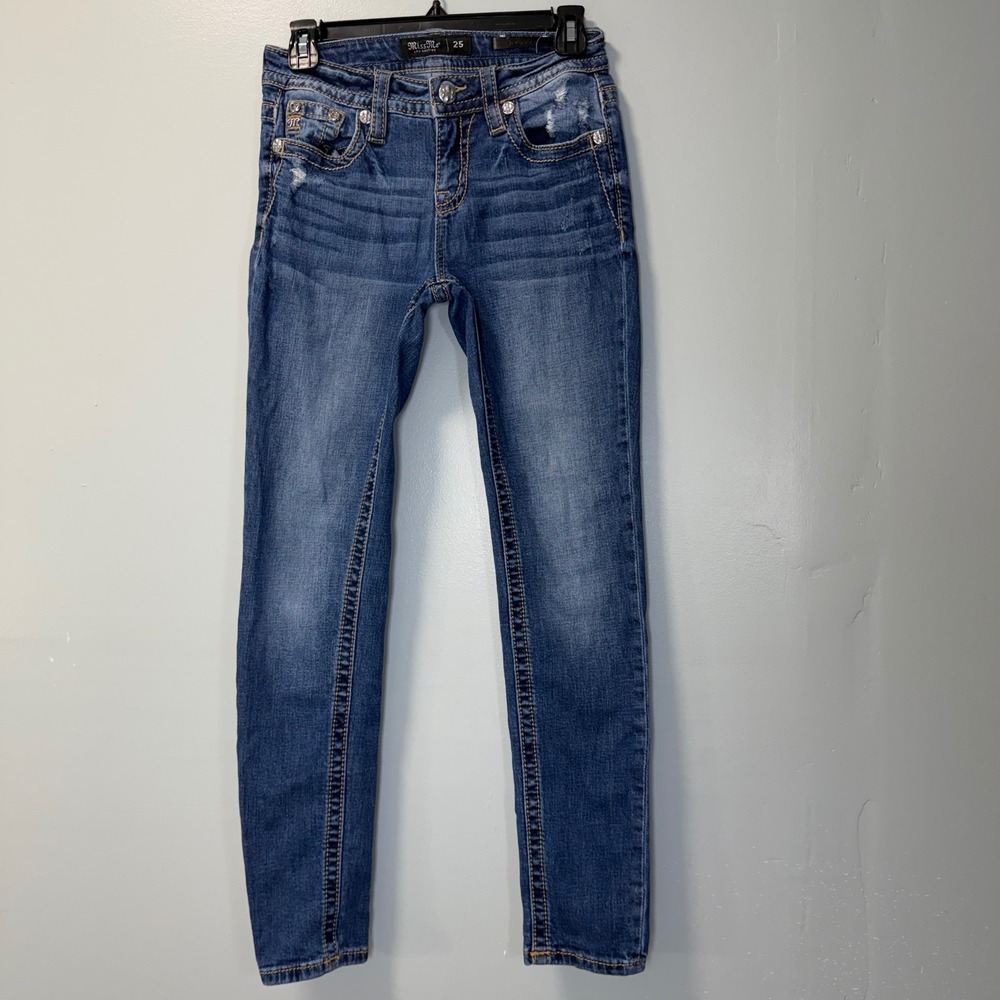 Miss Me Mid Rise Blue Skinny Jeans Medium Wash Rhinestone Distressed Size 25